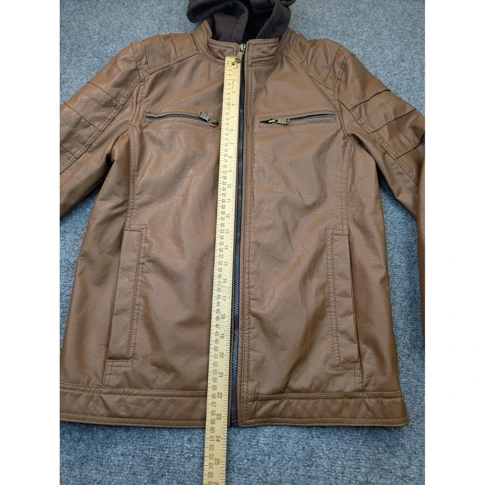 Urban Republic Jacket Mens Small Brown Faux Leather Hooded Moto Zip Pockets - Picture 5 of 12